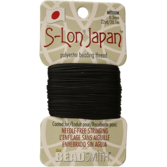 The Beadsmith S-Lon Japan – Medium Polyester Thread – Black Color, .3mm Diameter, 22 Yards per Card – Needle-Free Stringing, Easy to Thread Beads – Ideal for Knotted Jewelry, Pearls and DIY Crafts