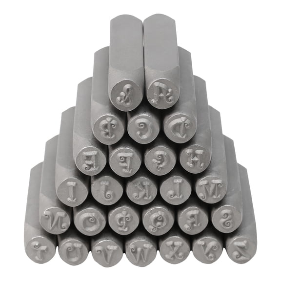 The Beadsmith Steel Alphabet Stamps - Metal Elements - 27-Piece 6mm Uppercase Curlz Font - A-Z Letters Plus “&” Symbol - Storage Case Included - Used for Stamping & Personalizing Soft Metals