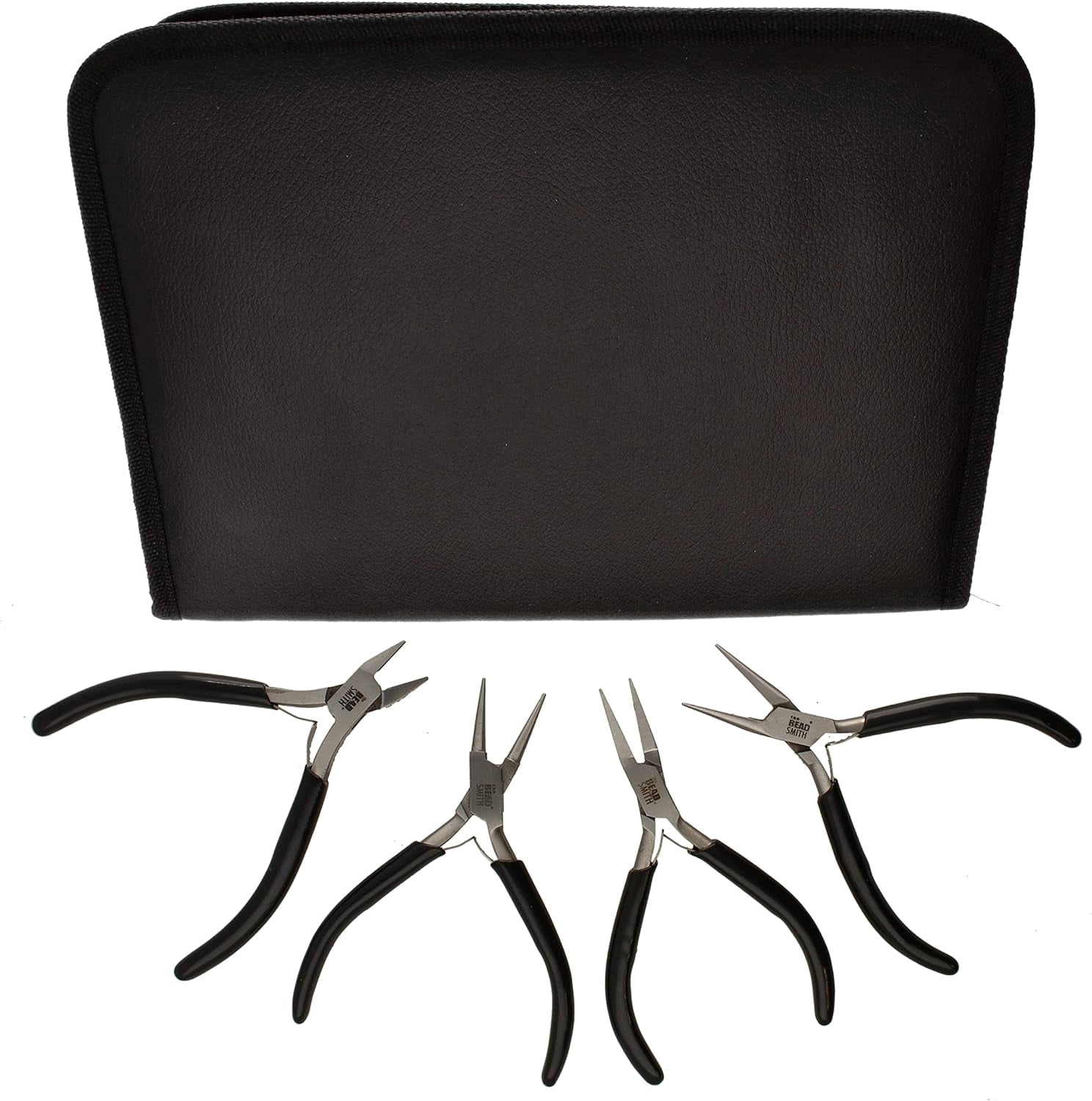 The Beadsmith Slim Line Pliers Set – Extra Fine Tips – 4.5 Inches, 4-Pieces: Round Nose, Chain Nose, Flat Nose & Semi-flush Side Cutter – Leatherette Carrying Case Included – Tools for Jewelry Making