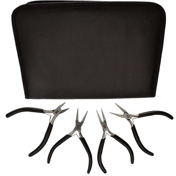 The Beadsmith Slim Line Pliers Set – Extra Fine Tips – 4.5 Inches, 4-Pieces: Round Nose, Chain Nose, Flat Nose & Semi-flush Side Cutter – Leatherette Carrying Case Included – Tools for Jewelry Making