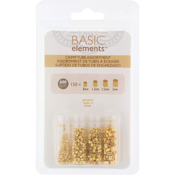 The Beadsmith Tube Crimp Beads, Basic Elements, 4 Vials in Assorted Sizes, Gold Color, Uniform Cylindrical Shape, No Sharp Edges, Designed to Secure The Ends of Jewelry Stringing Wires and Cables