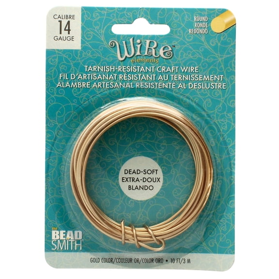 The Beadsmith Wire Elements Craft Wire Tarnish Resistant, Soft Temper, Round, Gold Color 1.6mm, 14 Gauge, 10 Foot Spool Jewelry Making, Wire Wrapping, Floral, & Other DIY Crafts