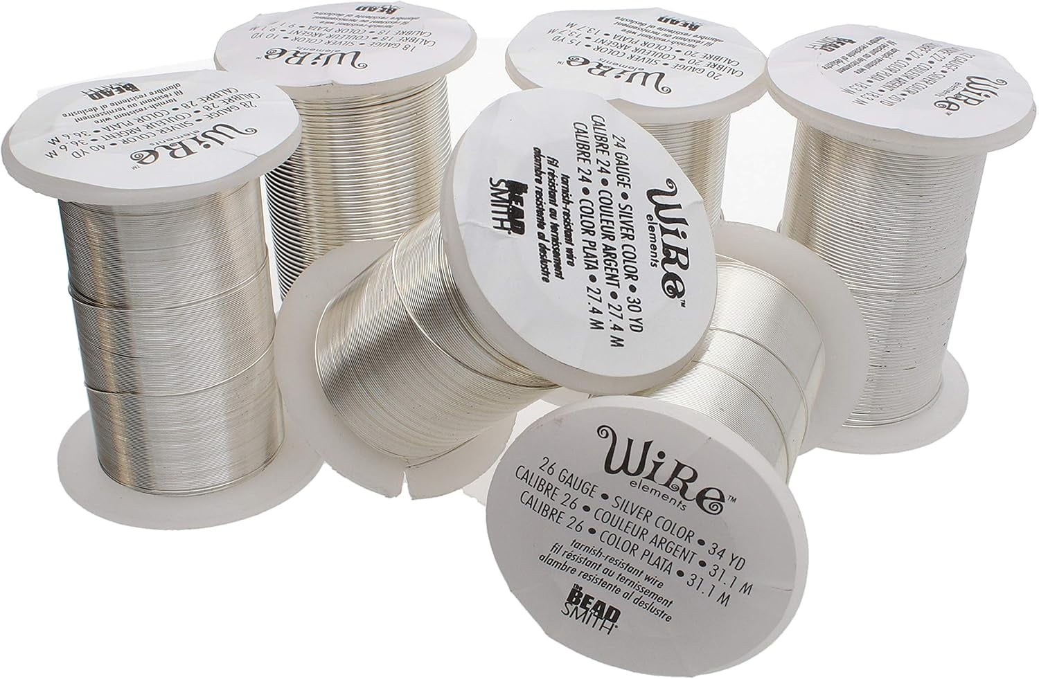 The Beadsmith Wire Elements Silver Color Lacquered Tarnish-Resistant Copper Wire for Jewelry Making, 20 Yards, 18.29 Meters Each Spool (18, 20, 22, 24, 26, & 28 Gauges)