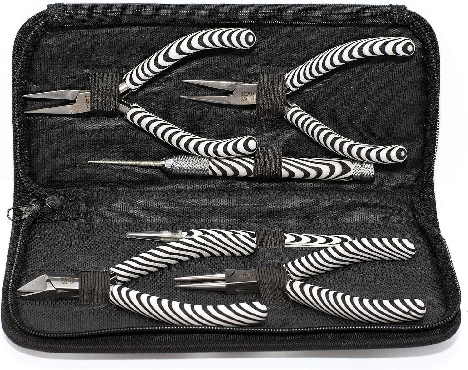 The Beadsmith Zebra Print Pliers – 5 Inch Tools, 6 Piece Kit: Chain Nose, Round Nose, Bent Chain Nose, Side Cutter, Tweezers & Reamer with Zippered Pouch – Tools Set for Jewelry Making