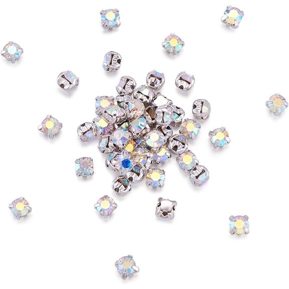 Beadthoven 50pcs 4mm Square Montee Beads Grade A Rhinestone Beads 4 Holes with Brass Findings for Making Bracelets Necklaces Rings, Hole: 1mm (Crystal AB Color)