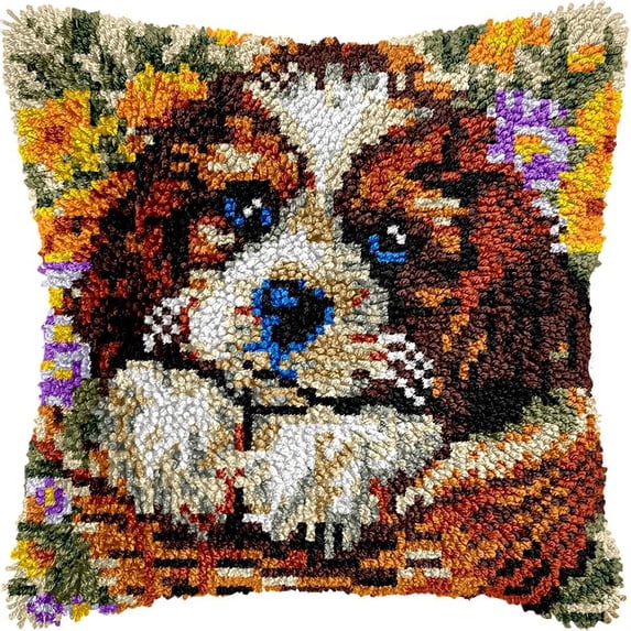 Dog in Flowers Basket Latch Hook Pillow Kits Pillow Cover Pattern Printed Canvas Knitted Hooking Pillowcase Cushion With Zipper Crafts Crochet Home Decor Kits 17x17 inch(f124)