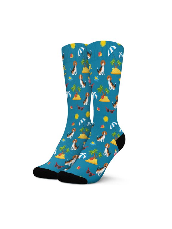 Beagle and Beach Blue Pattern Women's Crew Socks, Mid-calf Polyester Workout Trainer Socks with Reinforced Heel & Toe, Moisture Wicking Gifts Ideas for Sports Work Home