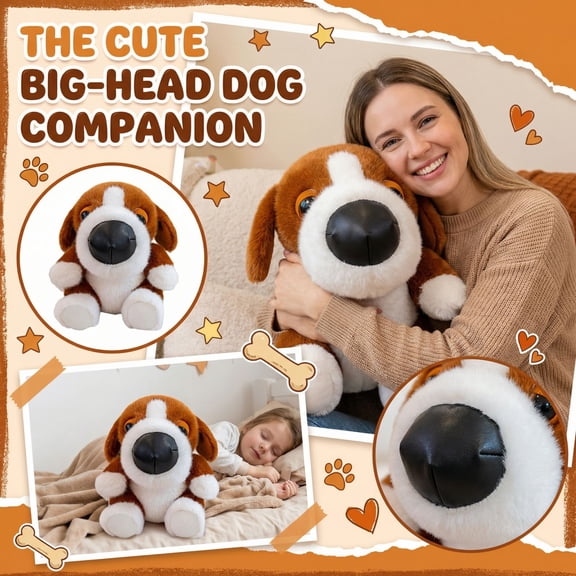 Beagle Big Head Dog Plush Toy Soft Fluffy Stuffed Beagle Puppy with Adorable Big Head Design Lifelike Plushie Home Decoration Perfect Birthday Gift