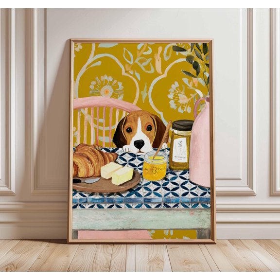 Beagle Breakfast Art Print, Rustic Kitchen Decor, Poster Only