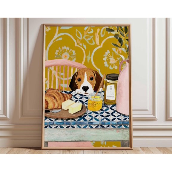 Beagle Breakfast Table Wall Art, Unframed Paper Poster 24x36in