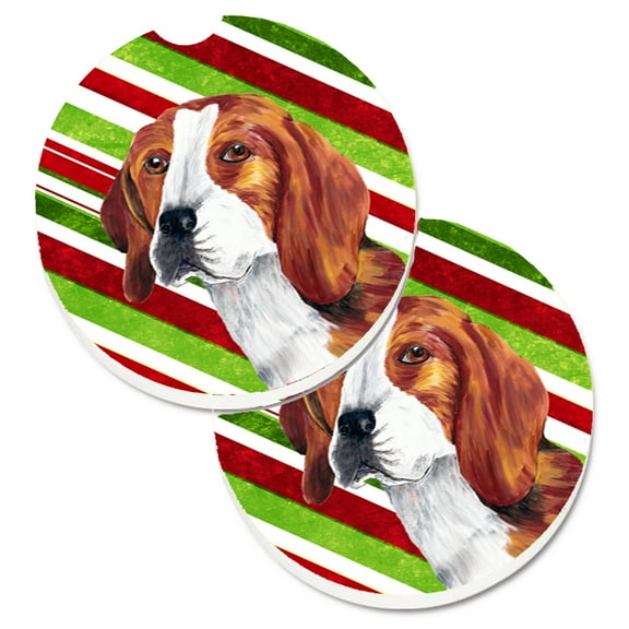 Beagle Candy Cane Holiday Christmas Set of 2 Cup Holder Car Coasters