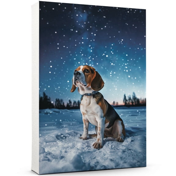 Beagle Christmas Canvas Wall Art Cute Dog Sitting Winter Night Snow Picture Prints Painting Vintage Artwork for Home Decor Frame