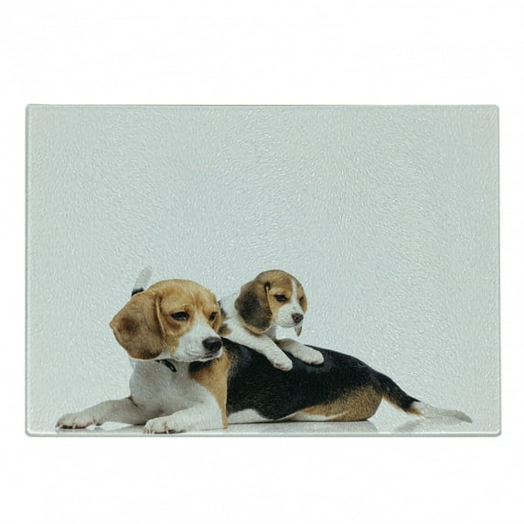 Beagle Cutting Board, Family with Mother and Puppy Domestic Fur Animal Photography, Decorative Tempered Glass Cutting and Serving Board, Small Size, Pale Caramel White Black, by Ambesonne