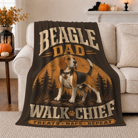 Beagle Dad Walk Chief Quote with Sunset Pines, Cheerful Rustic Style for Beagle Lovers, Paw Print Dog Scene, Cozy Flannel Blanket for Living Room and Bedroom, Father's Day Gift and Dog Home Decor