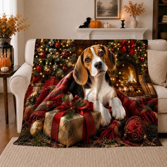 Beagle Dog Christmas Box By Lit Fireplace Holiday, Festive Pet Portrait Pattern, Warm Flannel Blanket for Living Room and Bedroom, Dog Lovers Christmas Gift, Pet Lover Home Decor