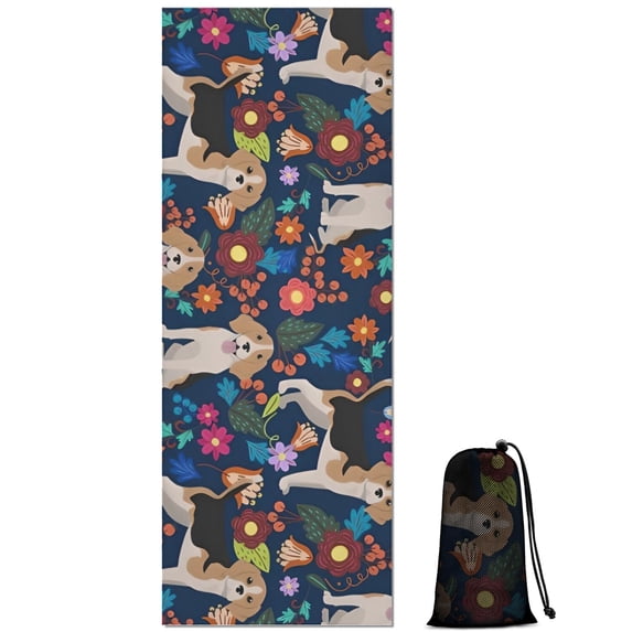 Beagle Dog Dog and Pioneer Flower Hot Yoga Mat Towel Non Slip for Hot Yoga - Quick-Drying Yoga Mat Cover with 4 Corner Pockets with Travel Bag - Hot Yoga Towel Non Slip 70"x26"