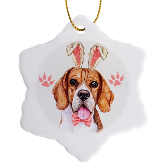 Beagle Dog Dressed Up For Easter In Cute Rabbit Ears And Pink Bow, 3 inch Snowflake Porcelain Ornament