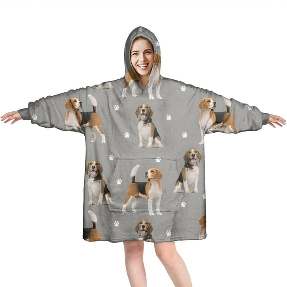 Beagle and Dog Footprints Wearable Oversized Blanket,Wearable Blanket Hoodie for Adults,Cozy Hooded Blankets with Super Pockets,Super Warm Fuzzy Pullover for Women & Men