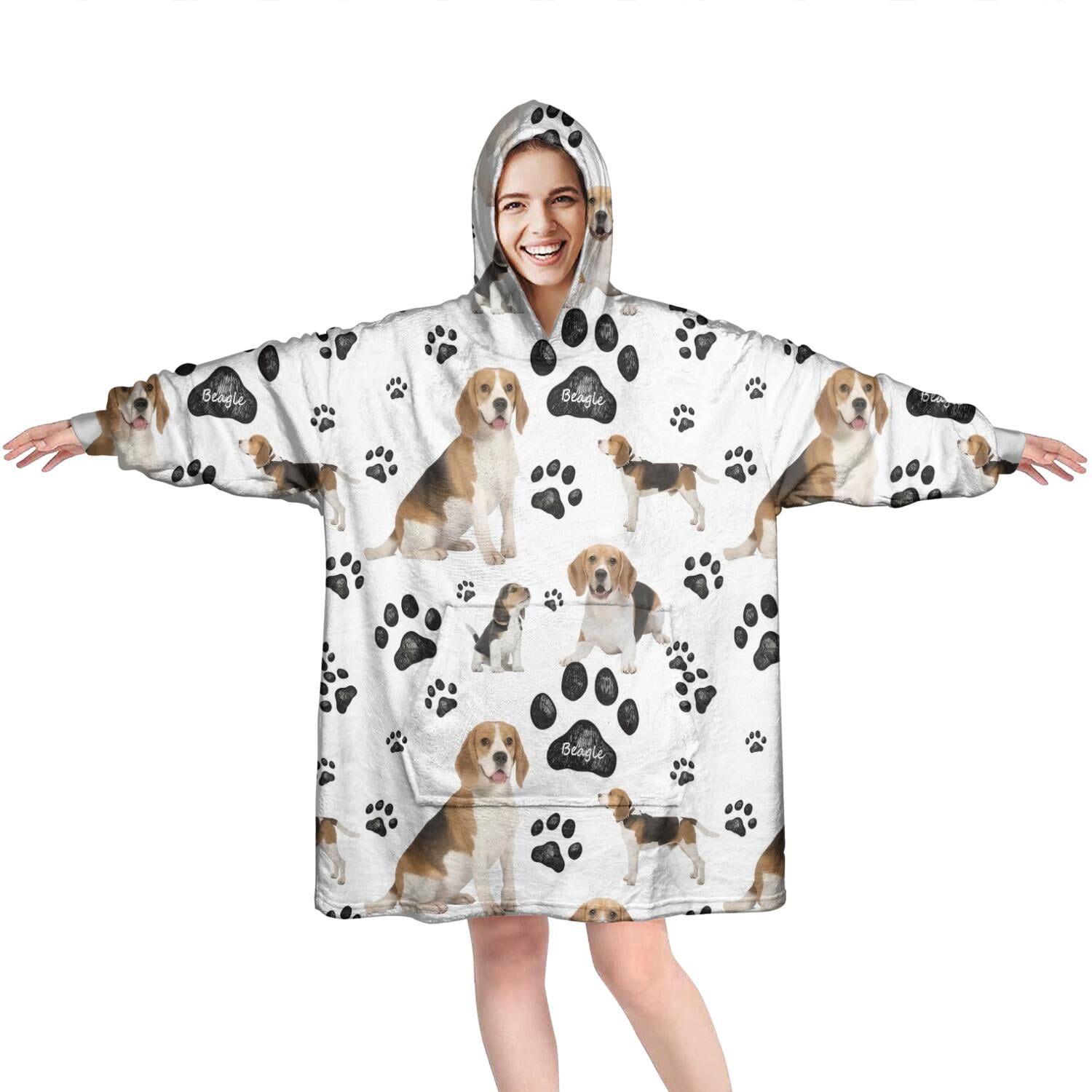 Beagle Dog and Footprints Wearable Oversized Blanket,Wearable Blanket Hoodie for Adults,Cozy Hooded Blankets with Super Pockets,Super Warm Fuzzy Pullover for Women & Men