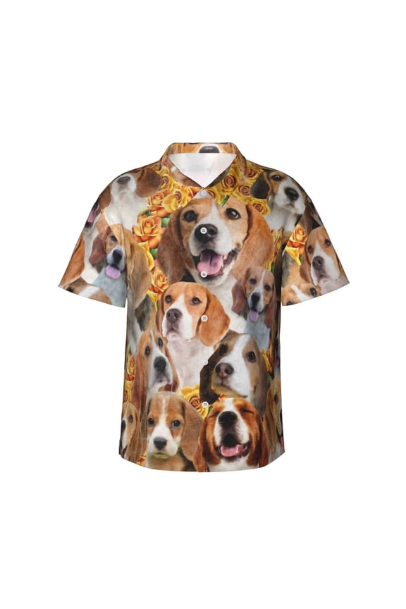 Beagle Dog Hawaiian Shirts For Men, Summer Short-Sleeve Relaxed-Fit Button-Down Shirts Medium