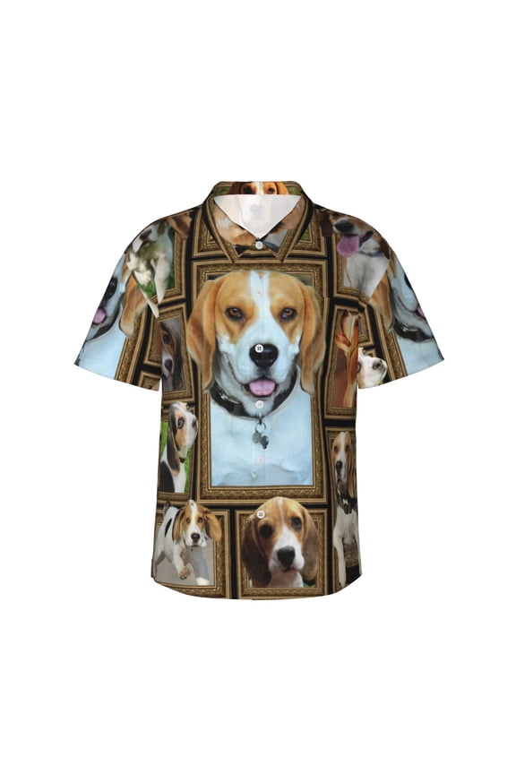 Beagle Dog Hawaiian Shirts For Men, Summer Short-Sleeve Relaxed-Fit Button-Down Shirts X-Large