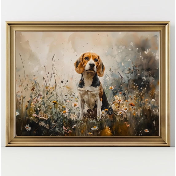 Beagle Dog In Wildflower Field Wall Art Print, Pet Portrait, Rustic ...