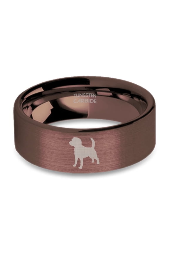 Beagle Dog Laser Engraved Rustic Brown Brushed Tungsten Ring, 8mm, Size 9.5