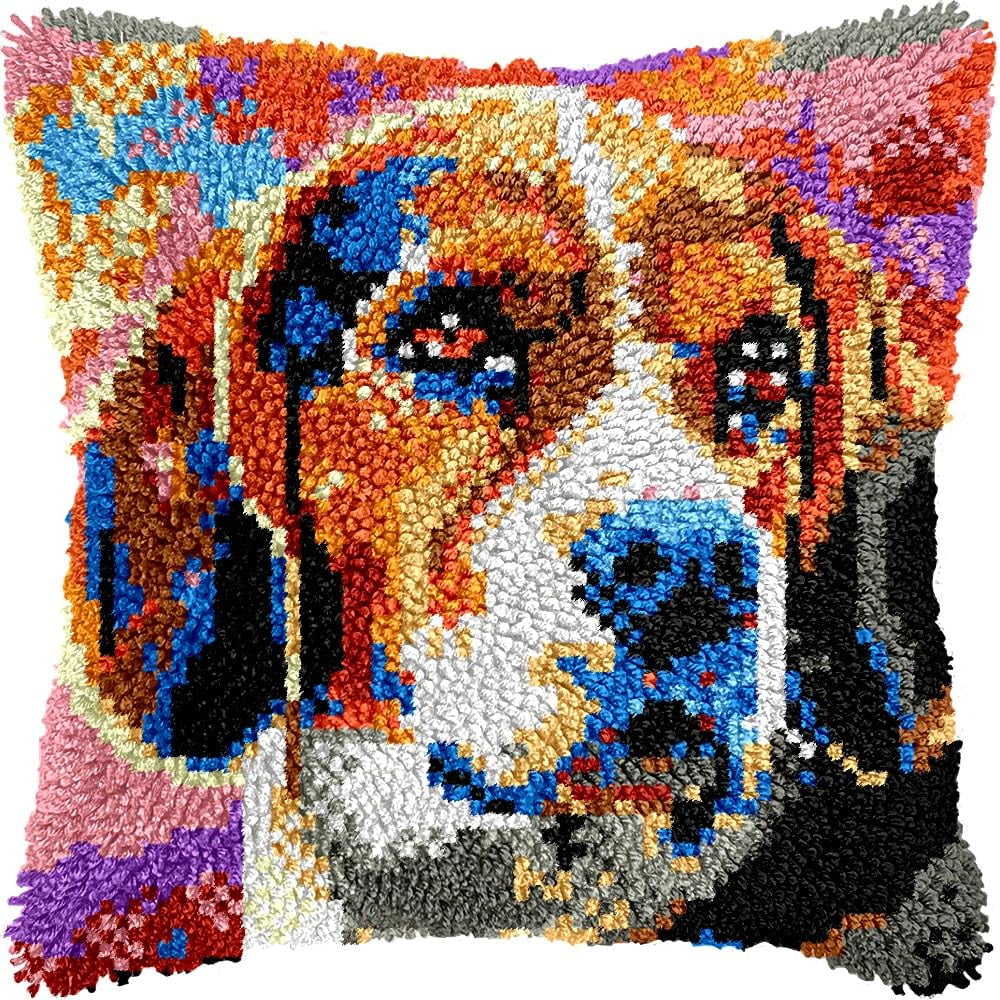 Beagle Dog Latch Hook Kits Pillow kits Cushion Throw Pillow Embroidery Craft Kits DIY Kits of DIY Hooking Pillowcase Cover Supplier with Color Printed Canvas 43x43cm (65)