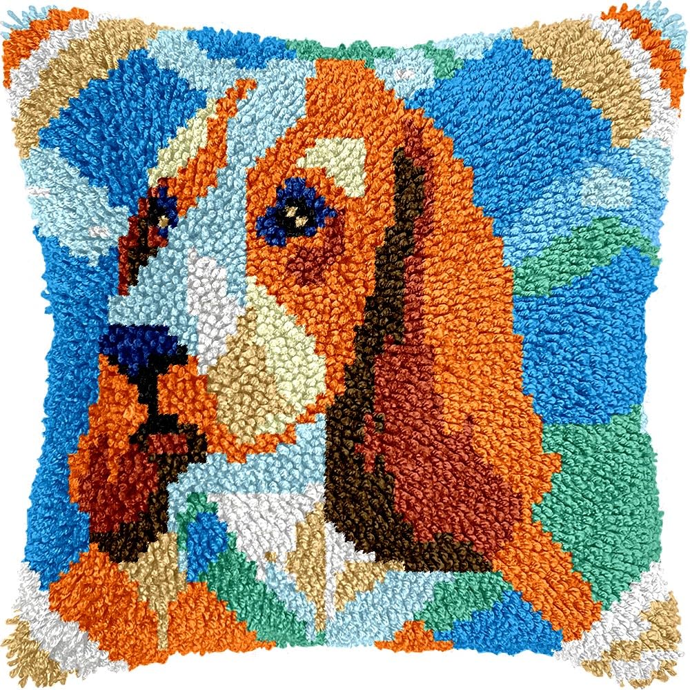 Beagle Dog Latch Hook Pillow Kits for DIY Throw Pillow Cushion Embroidery Latch Hooking Pillowcase Kits with Preprinted Canvas Crochet Yarn Kits for Home Decor 17''X 17''(j72)