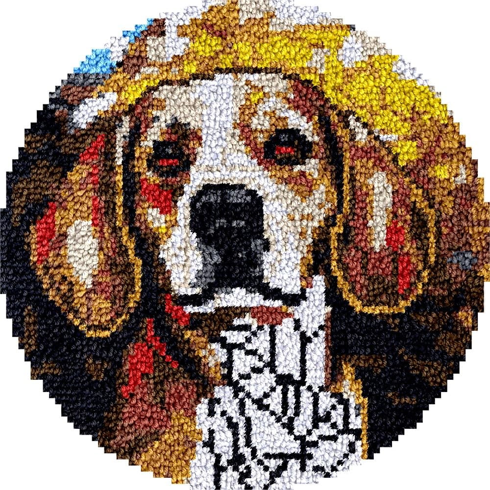 Beagle Dog Latch Hook Round Rug Kits Set for Starter Crochet Handmade Hooking Cushion Mat Sofa Seat Cushion Crocheting Kits with Preprinted Canvas Crochet Yarn Kits 50X50CM (r41)