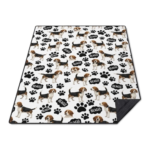 Beagle and Dog Paw Print White Pattern Waterproof Picnic Blanket, 3 ...