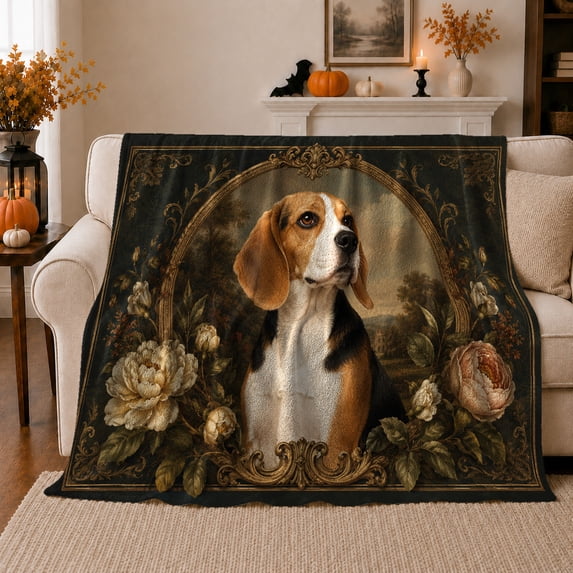Beagle Dog Portrait Gilded Oval Frame Peonies Autumn, Cozy Pet Portrait Pattern, Warm Flannel Blanket for Living Room and Bedroom, Dog Lovers Thanksgiving Gift, Pet Lover Home Decor