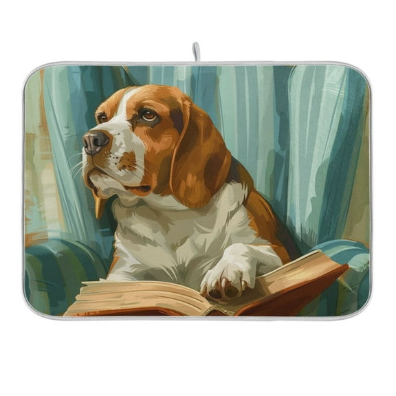 Beagle Dog Read Book on Chair Dish Drying Mat 16x18 Absorbent Microfiber Draining Rack Pad for Kitchen Counter Sink