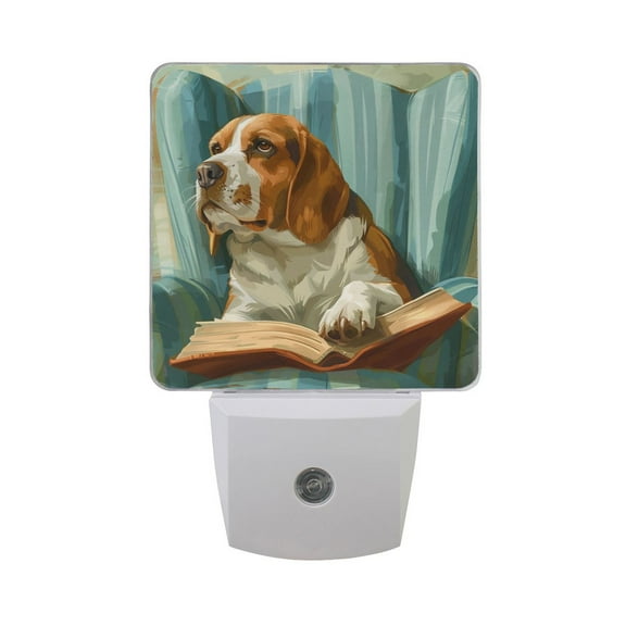 Beagle Dog Read Book on Chair Night Light 2 Pack LED Nightlight Plug into Wall Dusk to Dawn Sensor Soft White