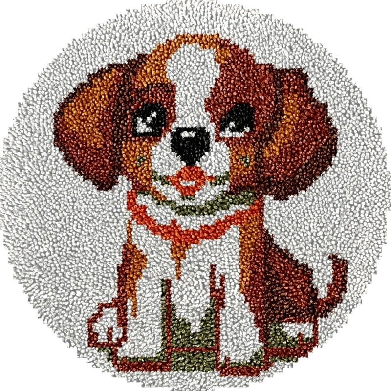 Beagle Dog Round Shape Latch Hook Rug Kits Set for Starter Crochet Hook Cushion Mat Sofa Seat Cushion Crocheting Kits with Preprinted Canvas Crochet Yarn Kits 50X50cm (ui56)