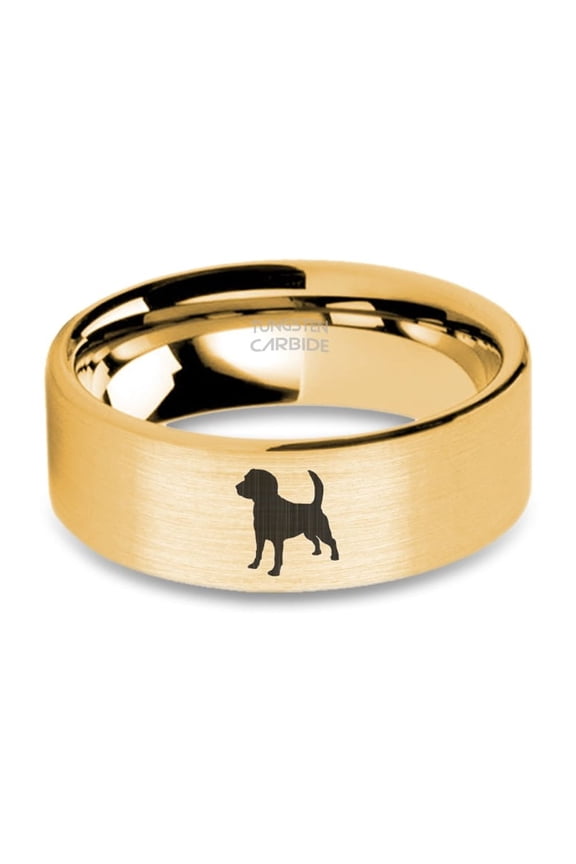 Beagle Dog Silhouette Engraved Yellow Gold Brushed Tungsten Ring, 8mm, Size 9