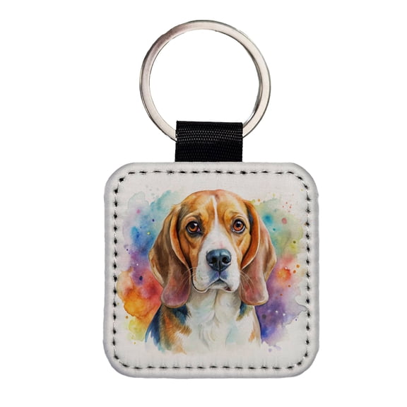 Beagle Dog Watercolor Style Faux Leather Square Keychain