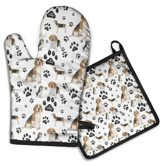 Beagle Dog and Footprints Kitchen Oven Mitt and Pot Holder Sets 2 Pcs for Baking, Cooking and Grilling, Heat Resistant Up To 392 °F