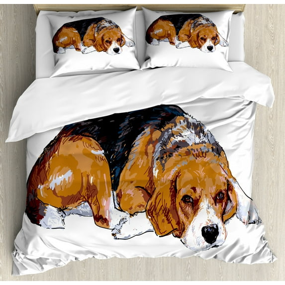 Beagle Duvet Cover Set King Size, Sketch Like Drawing of Dog Animal Pattern on Plain Backdrop, Decorative 3 Piece Bedding Set with 2 Pillow Shams, Persian Orange and Charcoal Grey, by Ambesonne