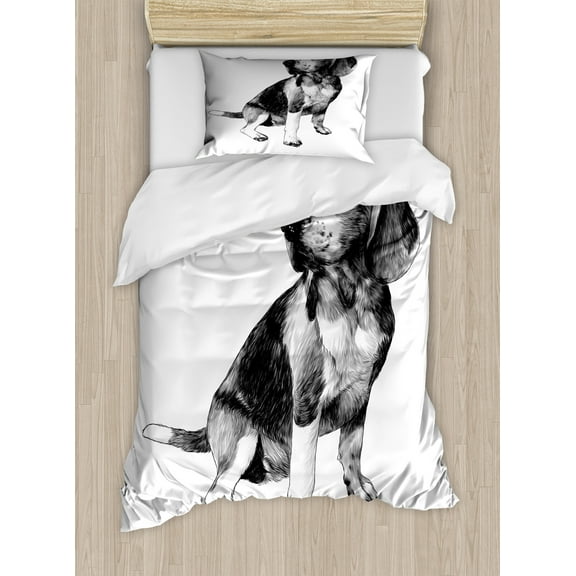 Beagle Duvet Cover Set, Monochrome Sketch of Dog Friend Breed Motifs Print on Plain Backdrop, Decorative 2 Piece Bedding Set with 1 Pillow Shams, Twin Size, Charcoal Grey Pale Taupe, by Ambesonne