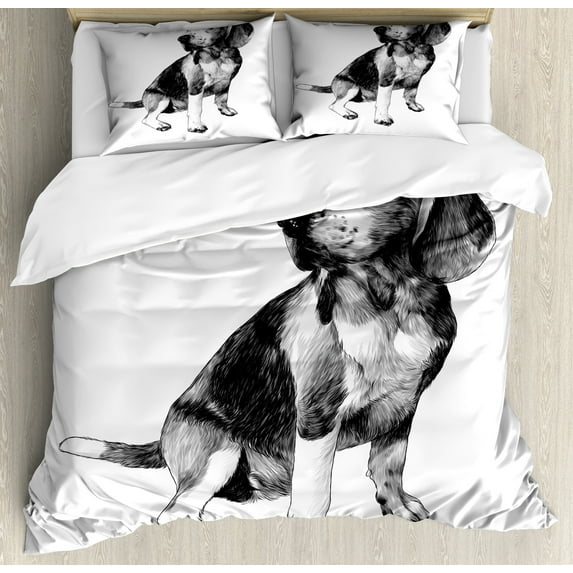 Beagle Duvet Cover Set, Monochrome Sketch of Dog Friend Breed Motifs Print on Plain Backdrop, Decorative 3 Piece Bedding Set with 2 Pillow Shams, Calking Size, Charcoal Grey Pale Taupe, by Ambesonne