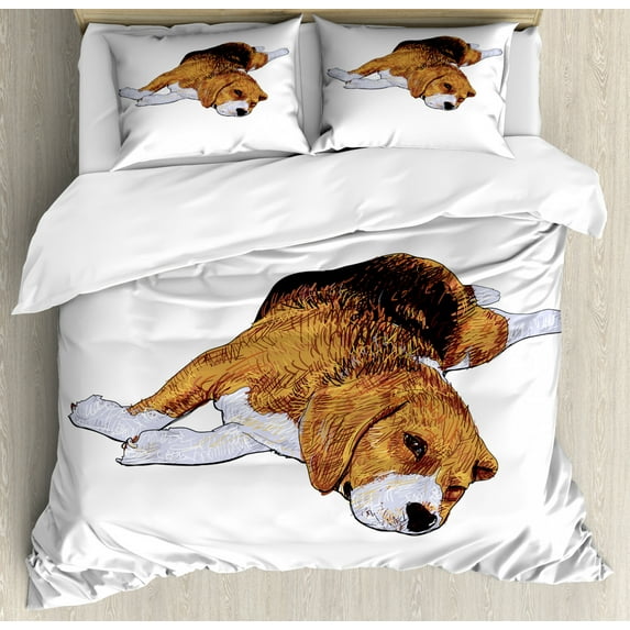 Beagle Duvet Cover Set Queen Size, Before Falling Asleep Dog Animal Sketch Print on Plain Background, Decorative 3 Piece Bedding Set with 2 Pillow Shams, Sand Brown and Charcoal Grey, by Ambesonne
