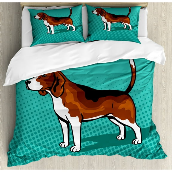 Beagle Duvet Cover Set Queen Size, Halftone Background Dog Breed Shadow Silhouette Illustration, Decorative 3 Piece Bedding Set with 2 Pillow Shams, Dark Seafoam Cinnamon and Redwood, by Ambesonne