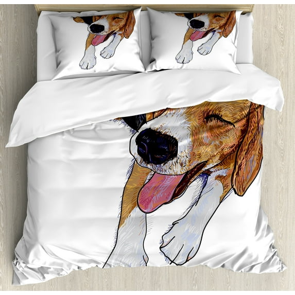 Beagle Duvet Cover Set, Sketch of Smiling Resting Dog Animal on Plain Background Pattern, Decorative 3 Piece Bedding Set with 2 Pillow Shams, King Size, Pale Caramel Grey Pink, by Ambesonne
