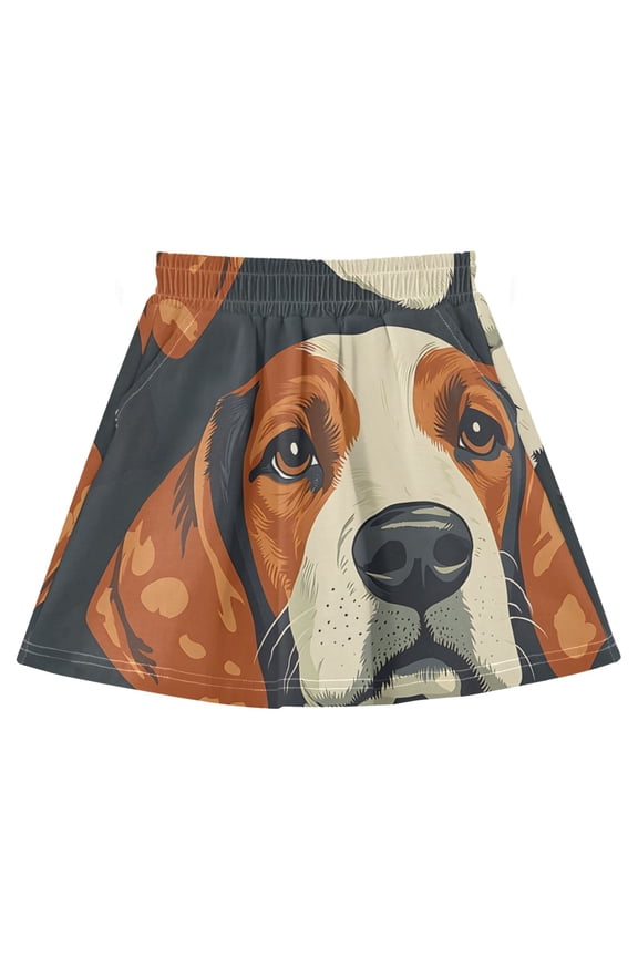 Beagle Face Pattern Cotton Skirt Built-in Liner Elastic A-Line Flared Skirt with Pockets