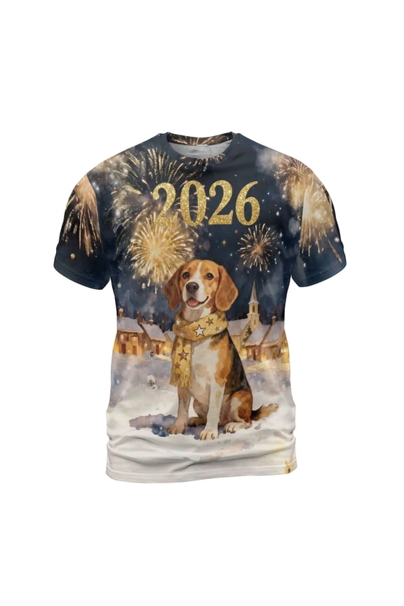 Beagle Happy New Year 2026 with Fireworks on New Year's Eve All Over Print 3D Shirt Unisex Merch Beagles Dog Lover Gifts Idea - 12022
