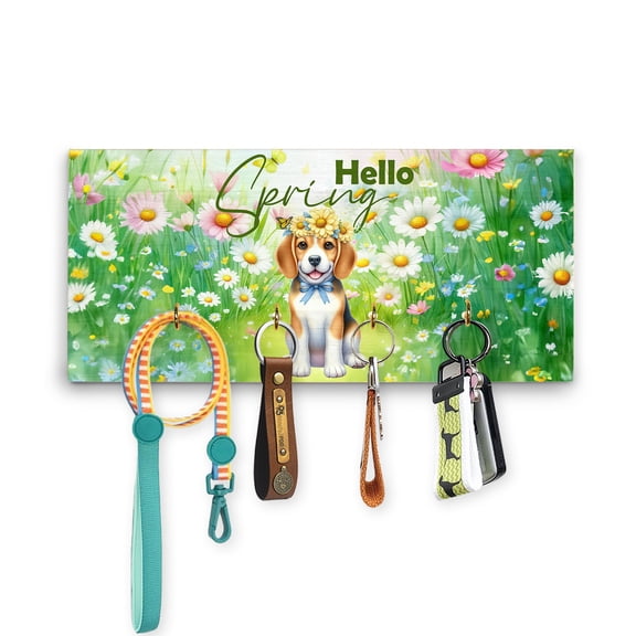 Beagle Hello Spring Time Flower Floral Nature Wood Key Holder Beagles Dog Lover Gifts Idea Wall-mounted Key Rack Home Decor - 02031