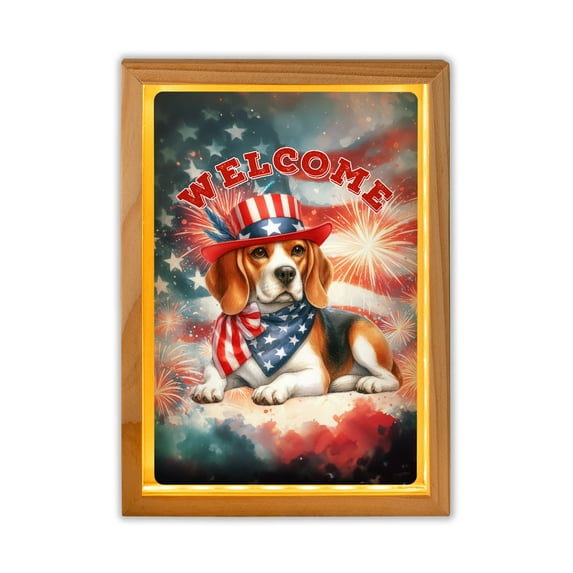 Beagle Patriotic Welcome for 4Th of July Independence Day Acrylic Plaque with Wood Photo Frame Box Beagles Dog Lover Gifts Idea Light Box - 00010
