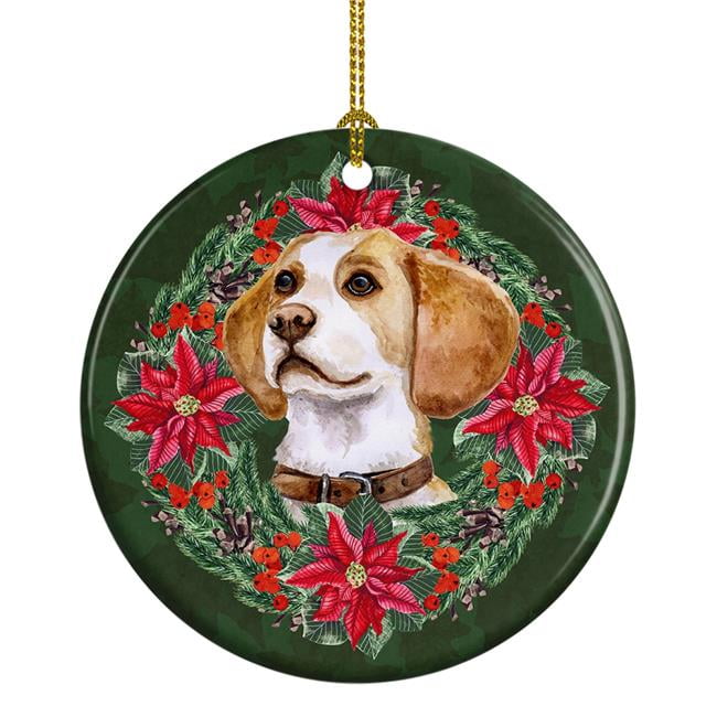 Beagle Poinsetta Wreath Ceramic Ornament 2.8 in x 2.8 in