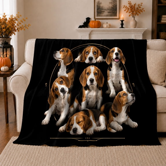 Beagle Portrait Collage, Cozy Pet Portrait Pattern, Warm Flannel Blanket for Living Room and Bedroom with Detailed Artwork, Dog Lovers Thanksgiving Gift, Pet Lover Home Decor